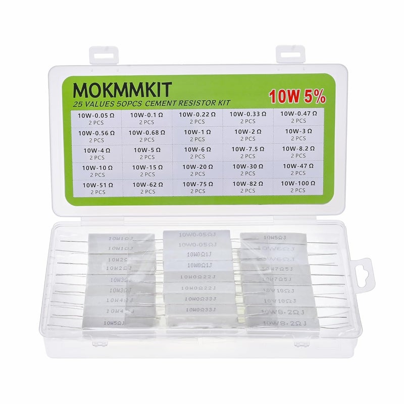 MOKMMKIT 25 Values 50 Pieces Ceramic Cement Resistor KIT 10W Resistance 10 Watt ±5% Power Resistors (0.05 Ohm - 100 Ohm) - Image 1